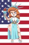  absurd_res anthro areola areola_slip big_breasts blue_eyes breasts canid canine clothing female footwear hi_res high_heels holding_object mammal nipple_outline shoes solo stars_and_stripes statue_of_liberty tansau united_states_of_america wide_hips 