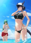  2girls absurdres arknights bangs bare_arms bare_shoulders baseball_cap blue_hair blue_sky breasts cellphone ch&#039;en_(arknights) cloud commentary_request cowboy_shot crop_top day dragon_horns green_hair hand_on_hip hand_up hat highres holding holding_phone horns horns_through_headwear hoshiguma_(arknights) huge_filesize long_hair medium_breasts midriff multiple_girls navel phone red_eyes ritta_(abmnoworld) sarong shirt single_horn sky smartphone standing stomach thighs tied_shirt wading water yellow_eyes 