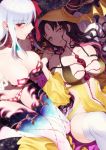  2girls bangs black_hair breasts choker cleavage collarbone commentary_request earrings eyebrows_visible_through_hair facial_mark fate/extra fate/extra_ccc fate/grand_order fate_(series) forehead_mark hair_ribbon horns jewelry kama_(fate/grand_order) large_breasts long_hair looking_at_viewer lying mikura_(miraclemicro) multiple_girls on_back red_eyes ribbon sesshouin_kiara sitting thighhighs white_hair white_legwear yellow_eyes 