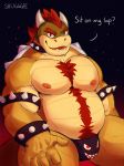  anthro body_hair bowser bulge chest_tuft clothing happy_trail hi_res koopa looking_at_viewer male mario_bros musclegut nintendo nipples pubes scalie shugggie solo speedo swimwear tuft video_games 