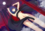  1girl armpits arms_behind_head arms_up bare_arms bare_legs bare_shoulders black_cape blood blue_hair breasts cape ciel_(tsukihime) cloak closed_mouth cowboy_shot dark_persona full_body full_moon fur-trimmed_cape fur_trim hair_between_eyes highres iro_(sekaixiro) large_breasts looking_at_viewer medium_breasts medium_hair moon naked_cape naked_cloak naked_robe navel night night_sky no_bra nude open_clothes open_robe possessed presenting_armpit red_eyes roa-ciel robe shoes short_hair sky solo standing thighs tsukihime tsukihime_(remake) vampire very_long_cape 