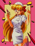  1990s_(style) 1girl aino_minako alternate_costume araizumi_rui_(style) bishoujo_senshi_sailor_moon blonde_hair blue_eyes breasts film_grain floating_hair hat highres holding holding_syringe leg_up long_hair medium_breasts nurse nurse_cap one_eye_closed open_mouth parody pointing potiri02 solo style_parody syringe very_long_hair 