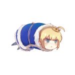  1girl absurdres ahoge artoria_pendragon_(all) blonde_hair blue_eyes blush bound commentary_request crown fate/stay_night fate_(series) highres pout ravie saber simple_background solo sweatdrop tied_up white_background 