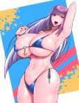  1girl alternate_breast_size bangs bikini breasts covered_nipples gundam gundam_zz hand_behind_head highres huge_breasts leaning_back long_hair micro_bikini midriff navel pink_eyes purple_hair roux_louka solo swimsuit wolffeld 