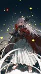  1girl absurdres armored_gloves black_cloak blue_eyes breasts bright_pupils cape cloak fate/grand_order fate_(series) feather_hair_ornament feathers fireflies full_body grey_hair hair_between_eyes hair_ornament highres japanese_clothes light_(nightty45) long_hair looking_at_viewer outdoors red_cape red_cloak saika_magoichi_(fate) small_breasts solo white_pupils 