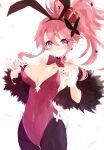  1girl animal_ears blush bow bowtie breasts butterfly_earrings butterfly_hair_ornament covered_navel crown demon_girl detached_collar disgaea earrings fake_animal_ears fake_tail feather_boa hair_ornament highres jewelry large_breasts leotard mini_crown pink_bow pink_bowtie pink_hair pink_leotard playboy_bunny pointy_ears ponytail purple_eyes rabbit_tail red_crown seraphina_(disgaea) smile tail tsutsugano white_background white_wrist_cuffs wrist_cuffs 