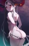  1girl abigail_williams_(fate/grand_order) abigail_williams_(swimsuit_foreigner)_(fate) absurdres ass back bangs bare_arms bare_shoulders bikini bikini_pull black_bikini black_bow black_headwear blush bow breasts cowboy_shot double_bun fate/grand_order fate_(series) forehead from_behind grin highres keyhole long_hair looking_at_viewer multiple_bows orange_bow parted_bangs pink_eyes sidelocks silver_hair simple_background small_breasts smile swimsuit thighs third_eye two-tone_headwear very_long_hair viral1112 white_skin 