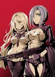  2girls barrette belt black_footwear black_legwear blonde_hair blue_eyes blue_hair boots breasts character_request cleavage eyebrows_visible_through_hair fingerless_gloves girls_frontline gloves gun hand_on_weapon holding holding_weapon long_hair looking_at_viewer looking_down medium_breasts medium_hair mg5_(girls_frontline) mg_mg multiple_girls nail_polish necktie pantyhose red_background red_eyes rifle scarf weapon yuemanhuaikong 