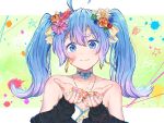  1girl absurdres ai_kotoba_iii_(vocaloid) alternate_hair_length alternate_hairstyle bandaid bandaid_on_face blue_eyes blue_hair bow candy flower food hair_bow hair_flower hair_ornament hatsune_miku highres holding holding_candy holding_food looking_at_viewer solo twintails vocaloid yellow_bow yuzuha_wasa 