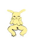  :3 anthro breast_squish breasts female genitals hand_on_face hi_res lagomorph leporid mammal nude presenting presenting_pussy pussy rabbit simple_background sketch sketch_page solo squish white_background yellow_body 