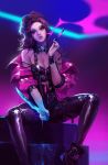  1girl absurdres black_nails breasts cleavage cyberpunk electronic_cigarette highres holding holding_knife knife leather leather_pants looking_to_the_side original pants purple_eyes purple_hair smoking solo sunong 