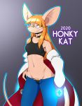  2020 anthro big_ears choker cloak clothing digital_media_(artwork) eyewear female glasses hair hi_res honky_kat jewelry long_hair looking_at_viewer mammal mouse murid murine navel necklace pubes rodent simple_background solo tight_clothing unbuttoned_pants 