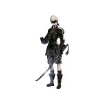  1boy bag black_blindfold black_choker black_footwear black_gloves black_jacket black_legwear black_shorts blindfold boots choker cruel_oath full_body gloves highres holding holding_sword holding_weapon jacket katana male_focus messenger_bag nier_(series) nier_automata nier_reincarnation official_art short_hair shorts shoulder_bag silver_hair socks solo standing sword weapon yorha_no._9_type_s yoshida_akihiko 