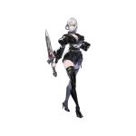  1girl alternate_costume armband asymmetrical_hair black_footwear boots braid breasts cleavage collar full_body hair_rings high_heel_boots high_heels highres juliet_sleeves kaine_(nier) long_sleeves medium_breasts medium_hair nier nier_(series) nier_reincarnation official_art puffy_sleeves reverse_grip silver_hair single_braid solo standing sword thigh_boots thighhighs weapon white_background yoshida_akihiko zettai_ryouiki 