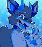 4_fingers absurd_res anthro blue_background blue_body blue_eyes blue_fur blue_hair blue_inner_ear blue_inner_ear_fluff blue_insides blue_lines blue_mouth blue_pawpads blue_tongue cookie_(cookiewas_taken) countershading dragon fingers fluffy fur furred_dragon furred_scalie hair handpaw hi_res inner_ear_fluff looking_at_viewer male male_(lore) male_anthro mythological_creature mythological_scalie mythology nude nude_anthro nude_male outline pawpads paws roonycomm scalie simple_background solo thick_fingers thick_pawpads tongue tuft white_outline