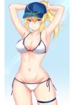  1girl ahoge armpits arms_up artoria_pendragon_(all) ass_visible_through_thighs bangs bare_arms bare_shoulders baseball_cap bikini blonde_hair blue_background blue_eyes breasts commentary_request cowboy_shot eyebrows_visible_through_hair fate/grand_order fate_(series) groin hair_between_eyes hat highres large_breasts long_hair looking_at_viewer mysterious_heroine_xx_(foreigner) navel piro_(prwtrs) ponytail side-tie_bikini skindentation solo standing stomach swimsuit thigh_strap thighs tying_hair white_bikini 