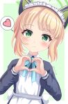  1girl animal_ear_headphones animal_ears apron blonde_hair blue_archive blue_bow blush bow closed_mouth commentary_request fake_animal_ears frilled_apron frills green_background green_eyes halo hands_up headphones heart heart_hands highres looking_at_viewer maid maid_apron maid_headdress midori_(blue_archive) midori_(maid)_(blue_archive) outline sills smile solo spoken_heart twitter_username upper_body white_apron white_outline 