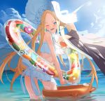  1girl ;d abigail_williams_(fate/grand_order) abigail_williams_(swimsuit_foreigner)_(fate) absurdres aqua_eyes ass_visible_through_thighs bangs bare_arms bare_shoulders bikini bikini_skirt blonde_hair bloom blue_sky blush bonnet breasts commentary_request contrapposto fate/grand_order fate_(series) forehead frills hand_on_headwear hat highres holding horizon innertube long_hair looking_at_viewer ocean one_eye_closed open_mouth outdoors parted_bangs sky sleeveless small_breasts smile solo ssangbong-llama standing sunlight swimsuit very_long_hair wading water wet white_bikini 