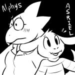  1:1 alphys anthro asriel_dreemurr black_and_white blush bodily_fluids boss_monster bovid breasts buckteeth caprine clothed clothing coat duo english_text eyewear fangs female flying_sweatdrops fully_clothed glasses goat lab_coat mammal monochrome non-mammal_breasts open_mouth open_smile oxnards pattern_clothing pattern_shirt pattern_topwear reptile scalie shirt simple_background smile striped_clothing striped_shirt striped_topwear stripes sweat sweatdrop teeth text thick_tail topwear undertale video_games 