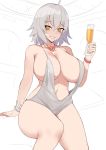  1girl ahoge azur_lane blush bracelet breasts cocktail_dress cosplay cup dress drinking_glass fate/grand_order fate_(series) highres huge_breasts jeanne_d&#039;arc_(alter)_(fate) jeanne_d&#039;arc_(fate)_(all) jewelry kuavera looking_at_viewer navel necklace revealing_clothes short_hair silver_hair smile solo st._louis_(azur_lane) st._louis_(azur_lane)_(cosplay) st._louis_(luxurious_wheels)_(azur_lane) white_background yellow_eyes 