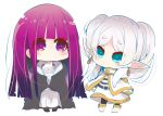  2girls aqua_eyes bangs blunt_bangs blush boots capelet chibi coat dress earrings elf fern(sousou_no_frieren) frieren full_body hair_over_shoulder hood hood_down hooded_coat jewelry long_hair long_sleeves looking_at_another multiple_girls no_nose own_hands_together pantyhose pointy_ears purple_eyes purple_hair silver_hair simple_background smile sousou_no_frieren standing straight_hair usoneko v_arms very_long_hair white_background white_dress white_footwear 