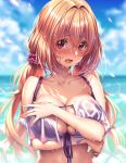  1girl :o bangs bare_shoulders beach bikini blonde_hair blush breasts collarbone covering covering_breasts day embarrassed eyebrows_visible_through_hair hair_between_eyes hair_ornament hair_scrunchie hanikami_kanojo large_breasts long_hair looking_at_viewer low_twintails mole mole_on_breast open_mouth outdoors piromizu purple_bikini red_eyes scrunchie sidelocks solo swimsuit twintails wet wet_clothes 