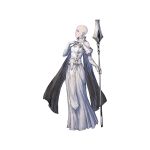  1girl bald bald_girl bare_shoulders black_cape blue_eyes breasts cape cleavage cleavage_cutout detached_sleeves dress earrings elbow_gloves fingerless_gloves full_body gloves highres jewelry long_dress medium_breasts nier_(series) nier_reincarnation official_art solo staff tabard white_background white_dress white_gloves yoshida_akihiko 