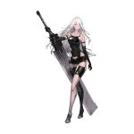  1girl android black_gloves black_shorts blue_eyes breasts camisole elbow_gloves full_body gloves highres holding holding_sword holding_weapon huge_weapon joints long_hair long_legs mole mole_under_mouth nier_(series) nier_automata nier_reincarnation official_art reverse_grip robot_joints shorts silver_hair small_breasts solo standing sword toes type-4o_blade weapon white_background yorha_type_a_no._2 yoshida_akihiko 