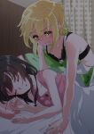  2girls absurdres akatsuki_kirika bed_sheet bedroom black_bra black_hair blonde_hair blush bra breasts cleavage closed_eyes closed_mouth collarbone green_eyes green_overalls highres indoors kumeringo_touho long_hair lying multiple_girls on_side pillow pink_shirt senki_zesshou_symphogear shiny shiny_hair shirt short_hair sleeping sleeveless sleeveless_shirt small_breasts tsukuyomi_shirabe underwear yuri 