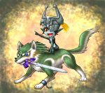  2020 alternate_species blue_eyes breasts canid canine canis duo fangs featureless_breasts female feral fur hi_res humanoid link_(wolf_form) male mammal markings master_sword melee_weapon midna nekomepika330 nintendo open_mouth open_smile red_eyes riding smile sword the_legend_of_zelda tongue twili twilight_princess video_games weapon wolf 