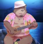  2020 anthro belly bottomwear bulge clothed clothing detailed_background hat headgear headwear kemono male mammal musical_instrument night open_clothing open_shirt open_topwear outside overweight overweight_male penta002 shirt shorts solo topwear ursid 