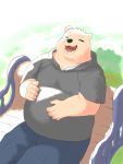  2020 3:4 anthro belly bottomwear clothing en_1_9 eyes_closed hi_res humanoid_hands kemono male mammal outside overweight overweight_male pants shirt sitting topwear ursid 