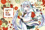  1girl 1other ahoge araisuzuka729 bell black_skirt blue_eyes blush hair_between_eyes hair_ornament happy_new_year hatsune_miku highres holding holding_bell japanese_clothes jingle_bell kagura_suzu long_hair long_sleeves looking_at_viewer miko musical_staff musical_staff_print nengajou new_year official_alternate_costume official_alternate_hairstyle open_mouth pleated_skirt rabbit rabbit_yukine shiba_inu skirt smile snowflake_print twintails very_long_hair vocaloid white_hair yuki_miku yuki_miku_(2018) 