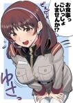  1girl belt blush breasts brown_eyes brown_hair gundam gundam_lost_war_chronicles headset highres jacket large_breasts long_sleeves looking_at_viewer military military_jacket military_uniform noel_anderson open_mouth shirt short_hair solo speech_bubble sweatdrop translation_request yamany 