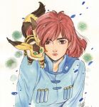  1girl animal_on_shoulder blue_shirt creature earrings green_eyes jewelry kaze_no_tani_no_nausicaa nausicaa peach_momoko shirt short_hair striped_fur teto_(nausicaa) upper_body white_background 