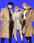  1girl 2boys black_hair blue_background blue_eyes bob_cut boots brown_coat brown_hair coat fushiguro_megumi hands_in_pockets highres itadori_yuuji jujutsu_kaisen kugisaki_nobara looking_at_viewer looking_to_the_side making-of_available multiple_boys pink_hair prenkuchan simple_background smile spiked_hair turtleneck twitter_username undercut 