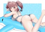  1girl anchor_hair_ornament ass atlanta_(kancolle) atlanta_(swimsuit)_(kancolle) bikini blush breasts brown_hair earrings grey_bikini grey_eyes hair_ornament highres inflatable_dolphin inflatable_toy jewelry kantai_collection large_breasts long_hair looking_at_viewer looking_back lying on_stomach side-tie_bikini_bottom solo star_(symbol) star_earrings swimsuit two_side_up white_background yomogi_dango 