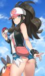  1girl 92m ass bag baseball_cap between_breasts black_hair blue_eyes breasts cloud cloudy_sky denim denim_shorts gen_5_pokemon hat high_ponytail highres holding long_hair looking_at_viewer looking_back poke_ball pokemon pokemon_(creature) pokemon_(game) pokemon_bw ponytail shirt shorts shoulder_bag sidelocks sky sleeveless sleeveless_shirt smile solo tepig torn_clothes torn_shorts touko_(pokemon) wristband 