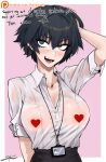  1girl adjusting_hair areola_slip areolae bangs black_hair black_skirt blush border breasts censored cleavage collared_shirt devil_may_cry devil_may_cry_3 dress_shirt english_commentary english_text facial_scar fang hair_between_eyes heart heart_censor heterochromia holding holding_paper id_card j.k. lady_(devil_may_cry) lanyard large_breasts looking_to_the_side no_bra nose_scar office_lady open_mouth paper partially_unbuttoned pink_background scar see-through shirt short_hair skirt sleeves_pushed_up sleeves_rolled_up solo sweatdrop wet wet_clothes wet_shirt white_border white_shirt 
