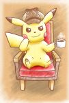  2019 ambiguous_gender beverage chair clothing coffee cup detective_pikachu dipstick_ears furniture hat hat_only headgear headgear_only headwear headwear_only hi_res looking_at_viewer mostly_nude multicolored_ears nekomepika330 nintendo pikachu pok&eacute;mon pok&eacute;mon_(species) sitting smile solo video_games yellow_body 