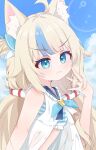  1girl absurdres animal_ear_fluff animal_ears bikini bikini_under_clothes blonde_hair blue_bikini blue_eyes blue_sailor_collar blue_streaks blunt_bangs commentary_request dress fang frilled_bikini frilled_sailor_collar frills hair_flaps highres indie_virtual_youtuber lifebuoy_hair_ornament light_blush long_hair multicolored_hair nishikigishuika one_side_up open_clothes open_dress playing_with_own_hair sailor_collar sailor_dress sameko_saba sameko_saba_(1st_costume) skin_fang solo streaked_hair striped_bikini striped_clothes swimsuit very_long_hair virtual_youtuber 