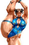  1girl abs armpits arms_up ass_visible_through_thighs black_hair blue_one-piece_swimsuit bracelet breasts chun-li cleavage cleavage_cutout clothing_cutout commentary confident cowboy_shot double_bun english_commentary flexible hair_bun holding_own_leg jewelry kisuu large_breasts leg_up light_smile looking_at_viewer muscular muscular_female official_alternate_costume official_alternate_hairstyle one-piece_swimsuit solo split standing standing_on_one_leg standing_split street_fighter street_fighter_6 swimsuit thick_thighs thigh_strap thighs wet wet_clothes white_background 