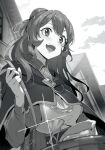  1girl :d ascot astraea_record bowl breasts cape dungeon_ni_deai_wo_motomeru_no_wa_machigatteiru_darou_ka flipped_sidelocks food greyscale hand_up highres holding holding_bowl holding_ladle kakage ladle long_hair medium_breasts monochrome novel_illustration official_art open_mouth outdoors smile solo soup soup_ladle syr_flover third-party_source upper_body 