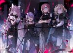  4girls animal_ears asymmetrical_legwear bare_shoulders black_dress black_gloves black_shoes black_socks black_thighhighs blonde_hair commentary_request demon_girl demon_horns dress fishnet_thighhighs fishnets fox_ears fox_girl fox_tail gloves grey_hair grey_pantyhose hakui_koyori half_gloves hand_up hands_up high_heels holding holding_sword holding_weapon hololive horns index_finger_raised karo_(karohroka) kazama_iroha kneehighs la+_darknesss long_hair looking_at_viewer mismatched_legwear multicolored_hair multiple_girls official_art one_eye_closed pantyhose pink_hair ponytail purple_hair shoes smile socks standing streaked_hair sword tail takane_lui thighhighs weapon yellow_eyes 