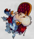 absurd_res anatid anseriform anthro avian belly belly_grab belly_overhang big_belly big_butt bird butt clothing coat duck eggnog flippers harlequinkiller hat headgear headwear hi_res huge_belly huge_butt hyper hyper_belly hyper_butt male morbidly_obese obese overweight scrooge_mcduck solo top_hat topwear traditional_media_(artwork)