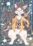  2025 2_tails 3_toes anthro arc_system_works asian_clothing asian_mythology bamboo blazblue bottomless brown_body brown_fur brown_hair candle cat_smile cheek_tuft chest_tuft circle_(shape) claws closed_smile clothed clothing detailed_background east_asian_clothing east_asian_mythology emanata eyebrows facial_tuft fangs featureless_crotch feet felid fluffy fluffy_tail fur grey_outline gubsygoo hair hi_res japanese_clothing japanese_mythology jubei_(blazblue) kimono kimono_only looking_up male male_anthro mammal melee_weapon mouth_closed multi_tail multicolored_body multicolored_fur mythology nekomata one_eye_closed outline paw_(marking) paws pink_inner_ear pink_nose portrait putting_on_clothes rope scabbard smile solo star_symbol sword sword_in_mouth tail teeth thick_thighs toe_claws toes topwear topwear_only tuft weapon whiskers white_body white_fur wide_hips yokai 