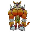 2020 abs activision anthro barazoku biceps big_muscles big_pecs black_hair bottomwear bracelet claws clothed clothing crash_bandicoot_(series) dasyuromorph deltoids eye_bags eyebrows fangs footwear fur grin gums_(mouth) hair hi_res jewelry loincloth looking_at_viewer male mammal manly marsupial muscular muscular_anthro muscular_arms muscular_male orange_body orange_fur pecs recently_extinct_species sharp_teeth shoes shoulder_pads signature simple_background smile solo spiked_bracelet spiked_shoulder_pads spikes standing tail tail_tuft tan_body tan_fur teeth thick_eyebrows thylacine tiny_tiger topless tuft white_background yellow_sclera zarockthewolf