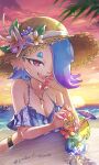  1girl alternate_costume artist_name beach big_man_(splatoon) blue_hair blurry blurry_foreground breasts cephalopod_eyes cleavage collarbone commentary_request cup drink drinking_glass drinking_straw earrings flower gradient_hair gradient_sky hair_over_one_eye hat hat_flower highres horizon jewelry long_hair multicolored_hair multiple_earrings necklace octoling open_mouth outdoors purple_hair red_eyes shiver_(splatoon) short_eyebrows sky smile solo_focus splatoon_(series) splatoon_3 straw_hat sun table teeth tentacle_hair thick_eyebrows tooth_earrings two-tone_hair yokoi_aya 
