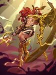  1girl angel angela_(marvel) armor asymmetrical_dual_wielding blurry blurry_background braid breasts commentary crackling_energy cross_scar dual_wielding english_commentary facial_mark floating_hair gold_armor gold_bra gold_greaves greaves helmet highres holding holding_polearm holding_sword holding_weapon leg_tattoo long_hair looking_up marvel marvel_rivals muscular muscular_female navel orange_eyes orange_hair pauldrons pepedraws polearm red_lips scar scar_on_stomach scar_on_thighs shoulder_armor single_pauldron single_wing solo spear sword tattoo thor_(marvel)_(series) weapon winged_helmet wings yellow_wings 