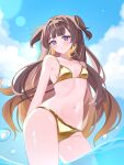  1girl anya_melfissa bikini blonde_hair brown_hair commentary day gold_bikini gradient_hair hanapy highres hololive hololive_indonesia long_hair looking_at_viewer multicolored_hair ocean purple_eyes sky solo streaked_hair swimsuit two-tone_hair two_side_up very_long_hair virtual_youtuber 